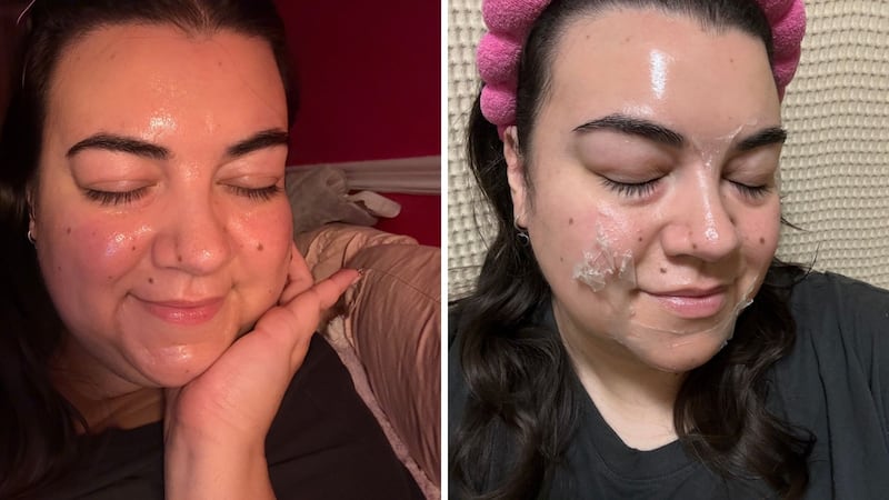 Bianca with the dried down mask about to go to bed (left), and how the mask looked in the morning as soon as she woke up (right).