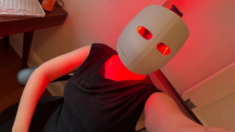Alice wearing the Therabody TheraFace Mask Glo LED Skincare Mask.