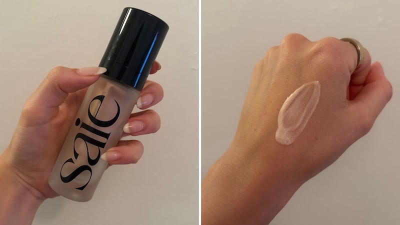 Saie Glowy Super Gel and a swatch on Alice's hand.