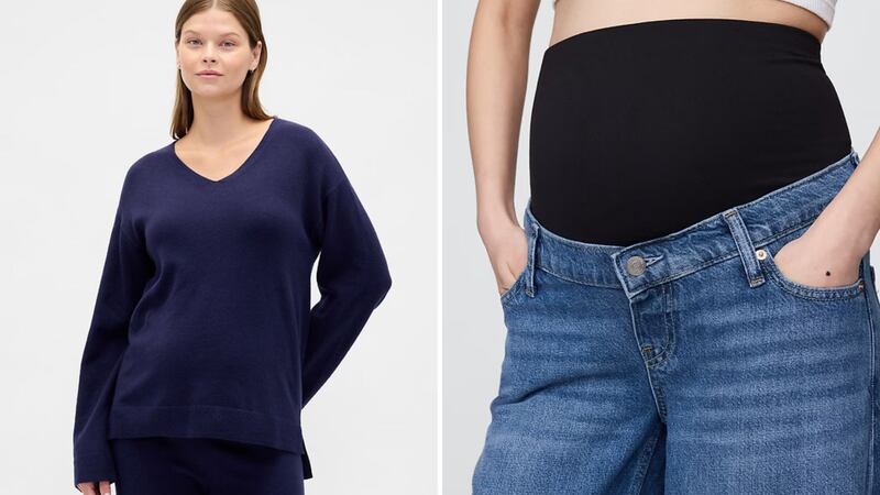 A person wearing a maternity sweater and a person wearing maternity jeans.