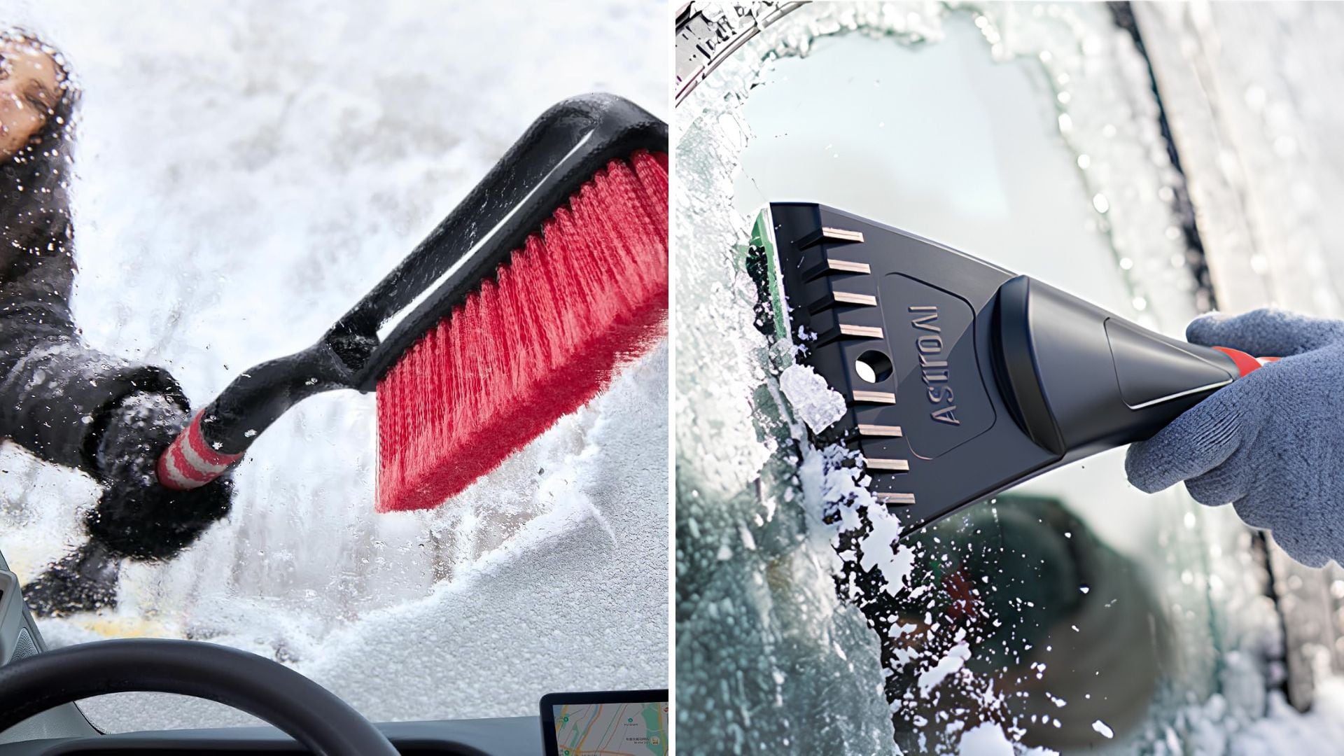 A split photo of the brush end and ice scraping end of the AstroAI Snow & Ice Tool.