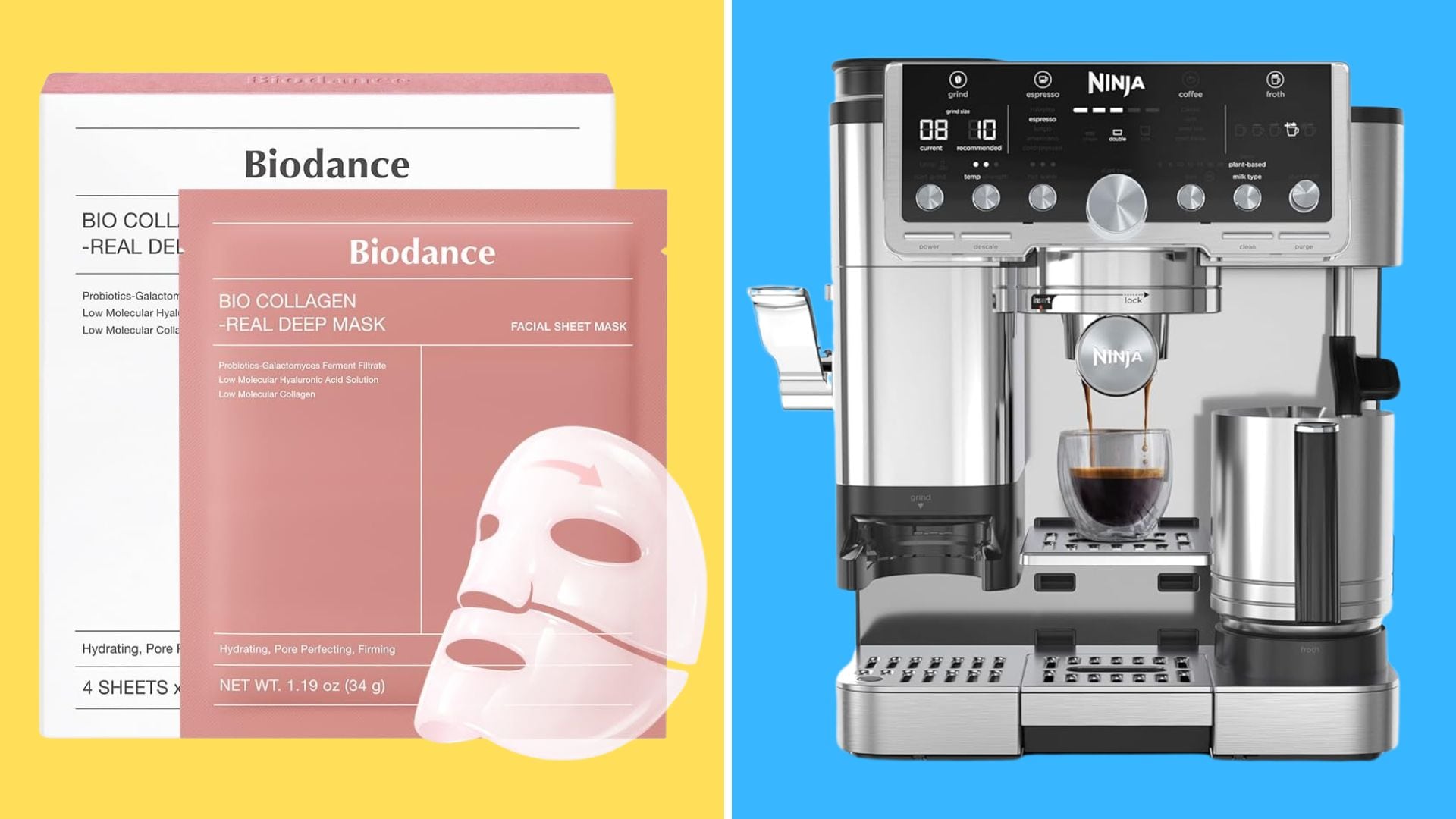 Biodance Masks and a Ninja Coffee Machine on a blue and yellow background.