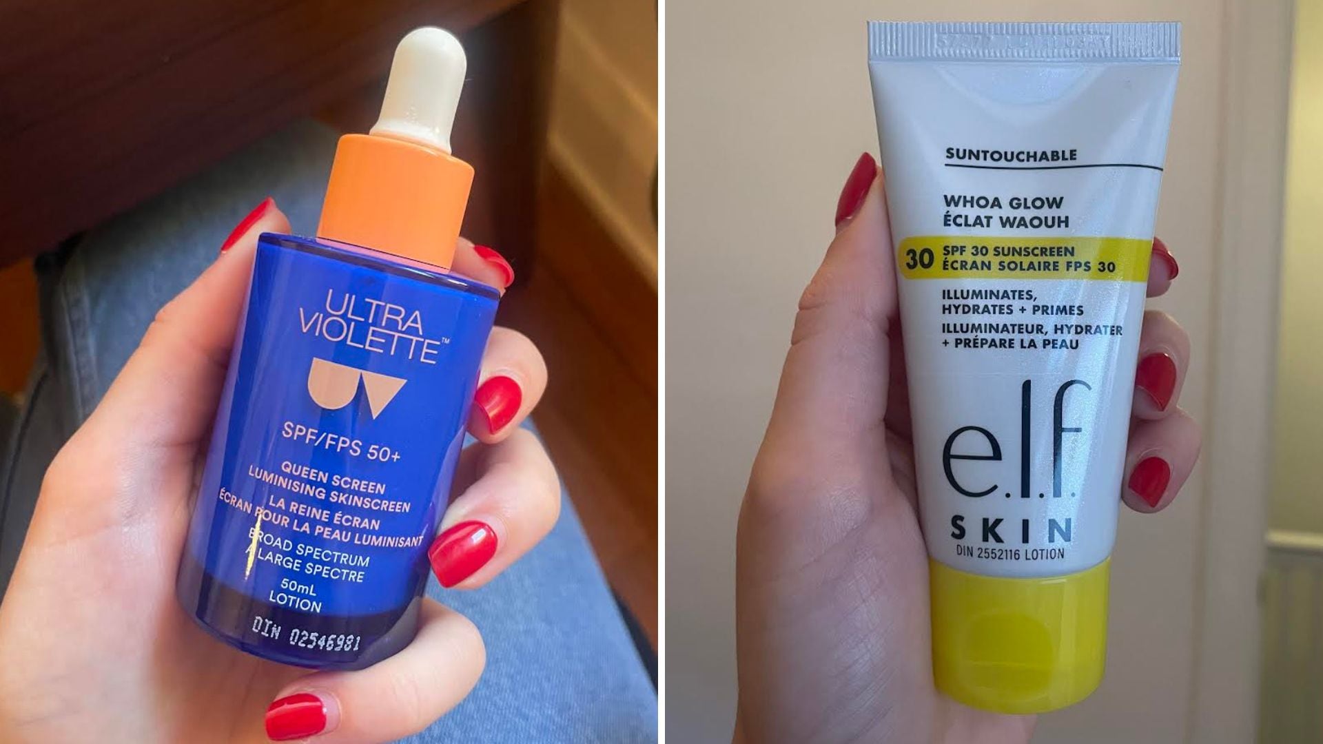 Alice holding Ultra Violette sunscreen and Alice holding an e.l.f. SKIN sunscreen.