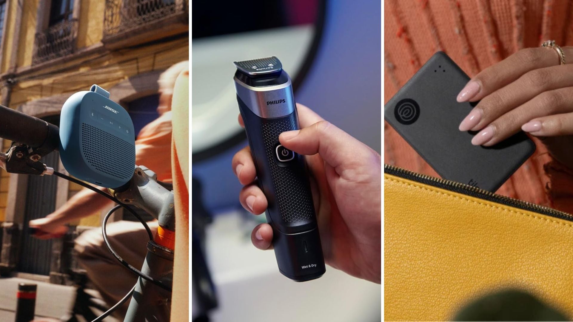 A Bose speaker, a Philips shaver, and a Tile tracker.