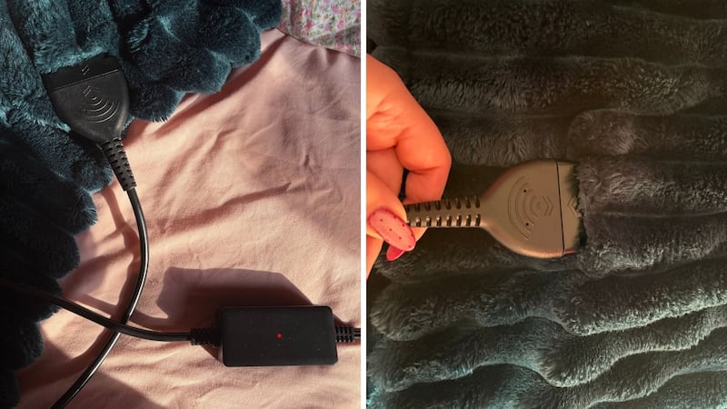 A split image showing the blanket's power cord and how it plugs into the blanket