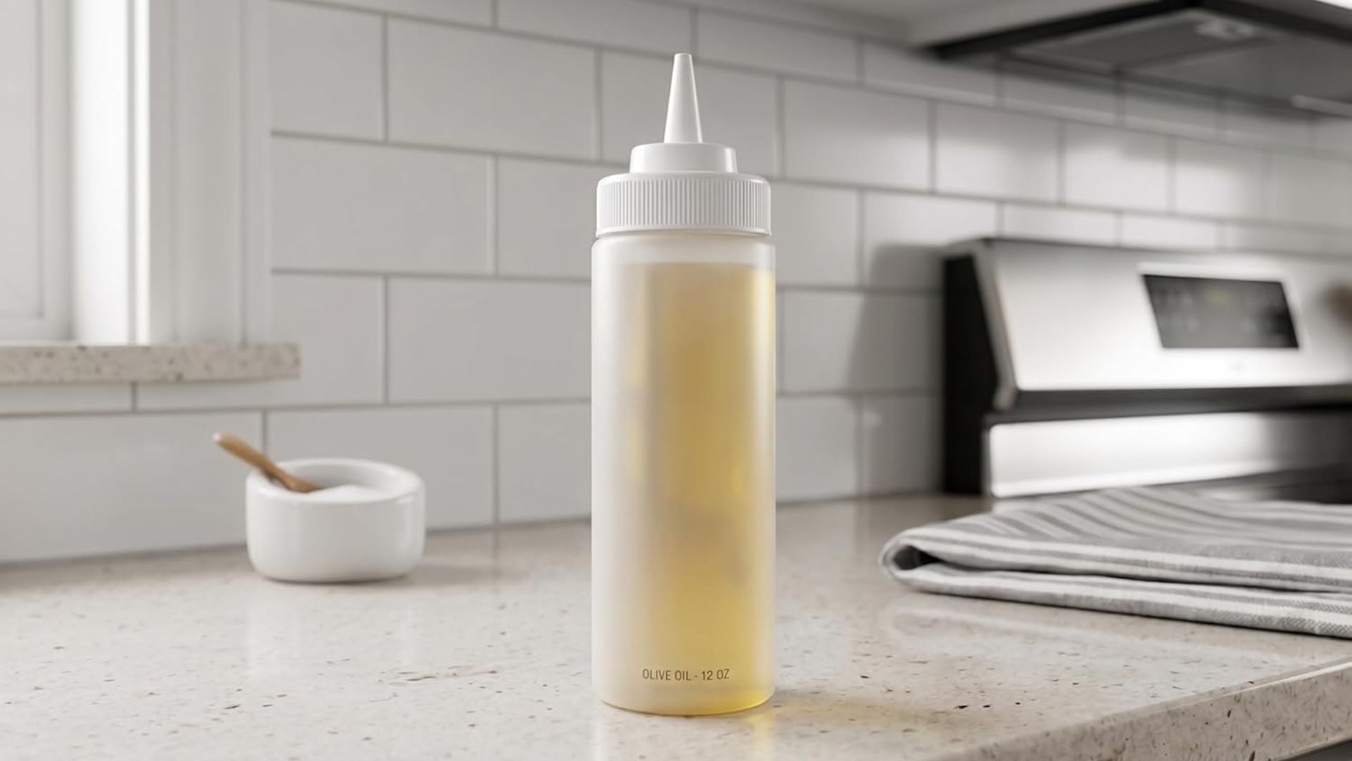 A reusable Fox Run bottle filled with oil on a kitchen counter.