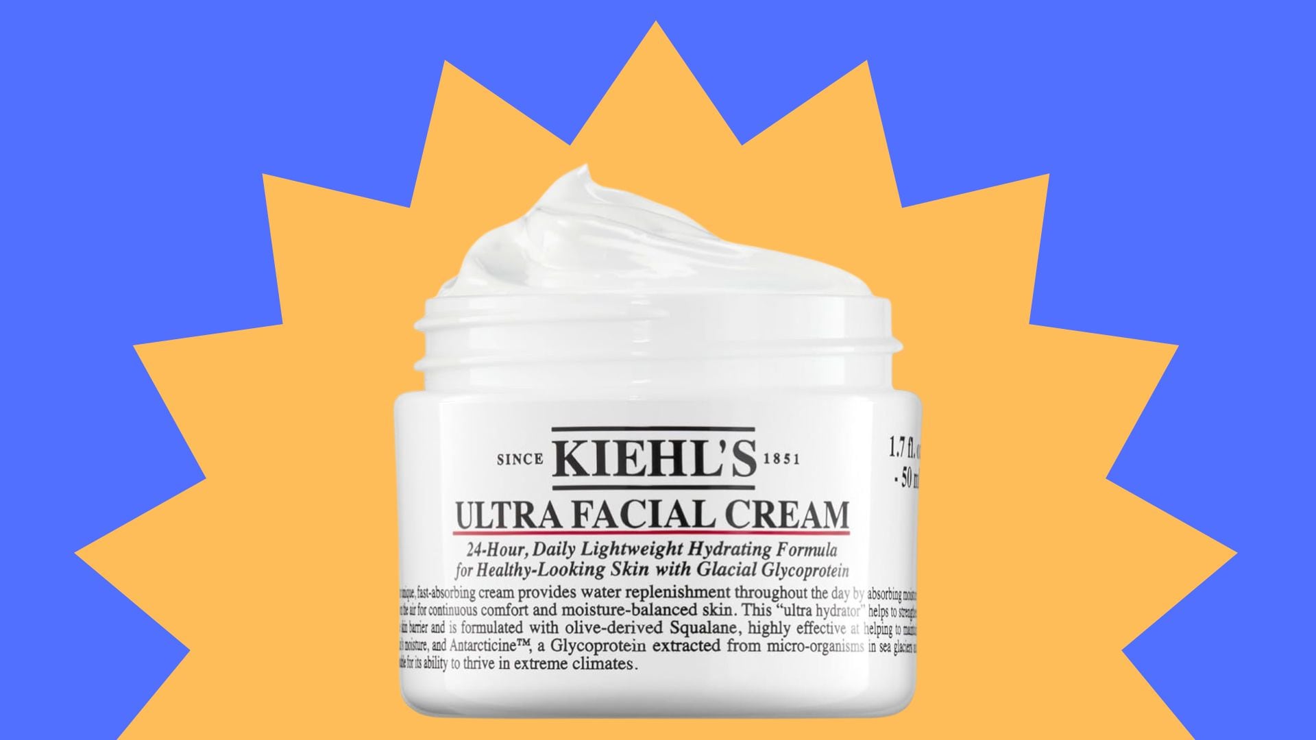 A jar of Kiehl's Ultra Facial Cream in a yellow starburst on a blue background.
