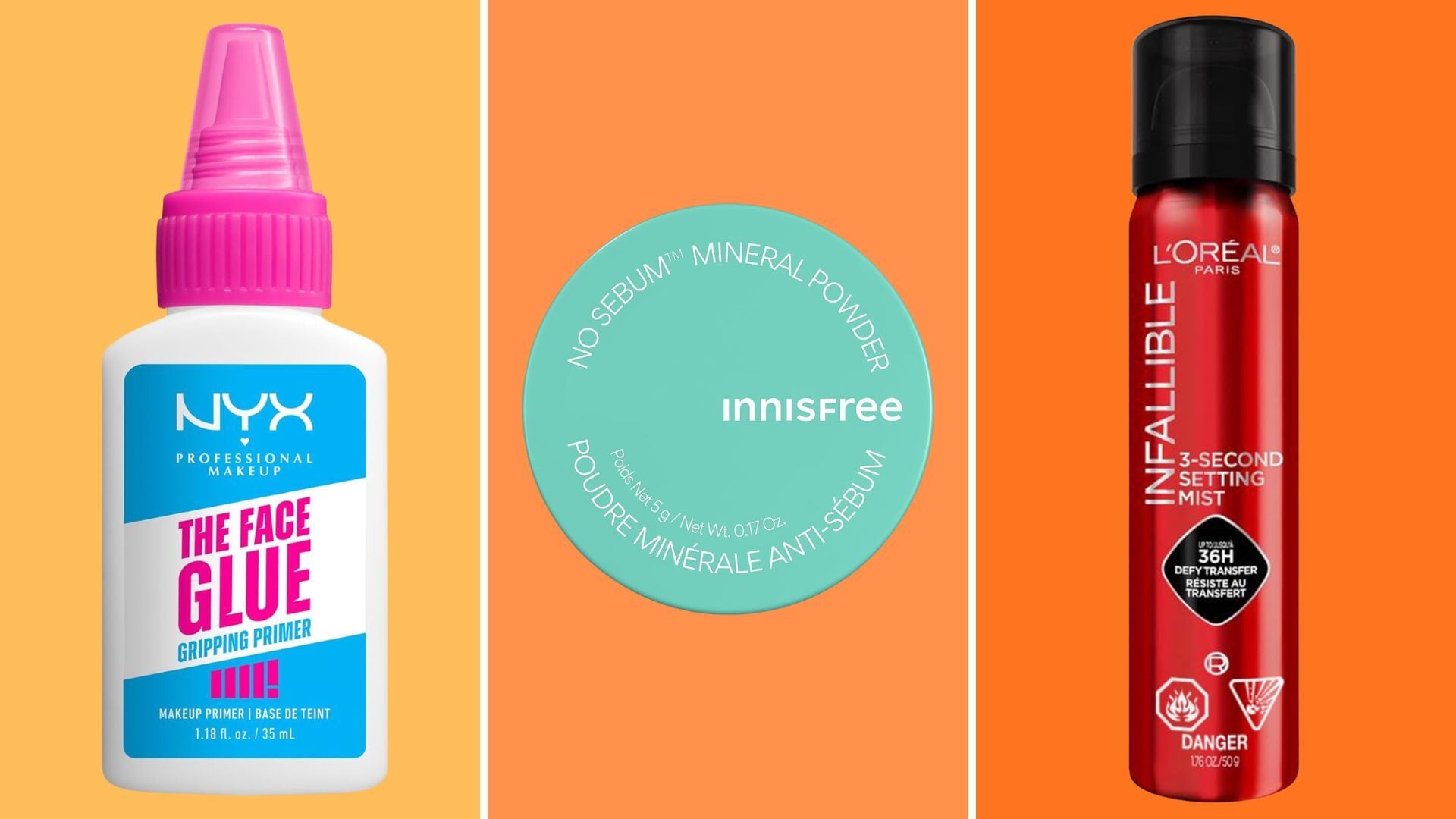 a primer, setting powder, and setting spray with a bright and colourful background