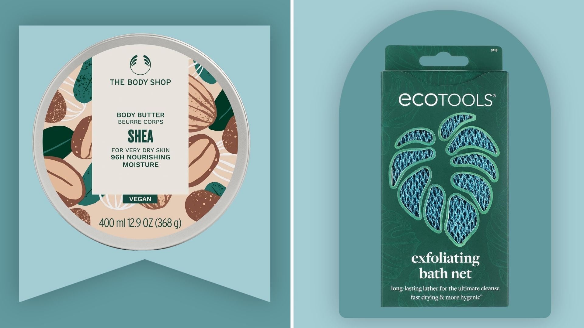 The Body Shop Shea Butter Body Butter and an EcoTools Exfoliating Towel.