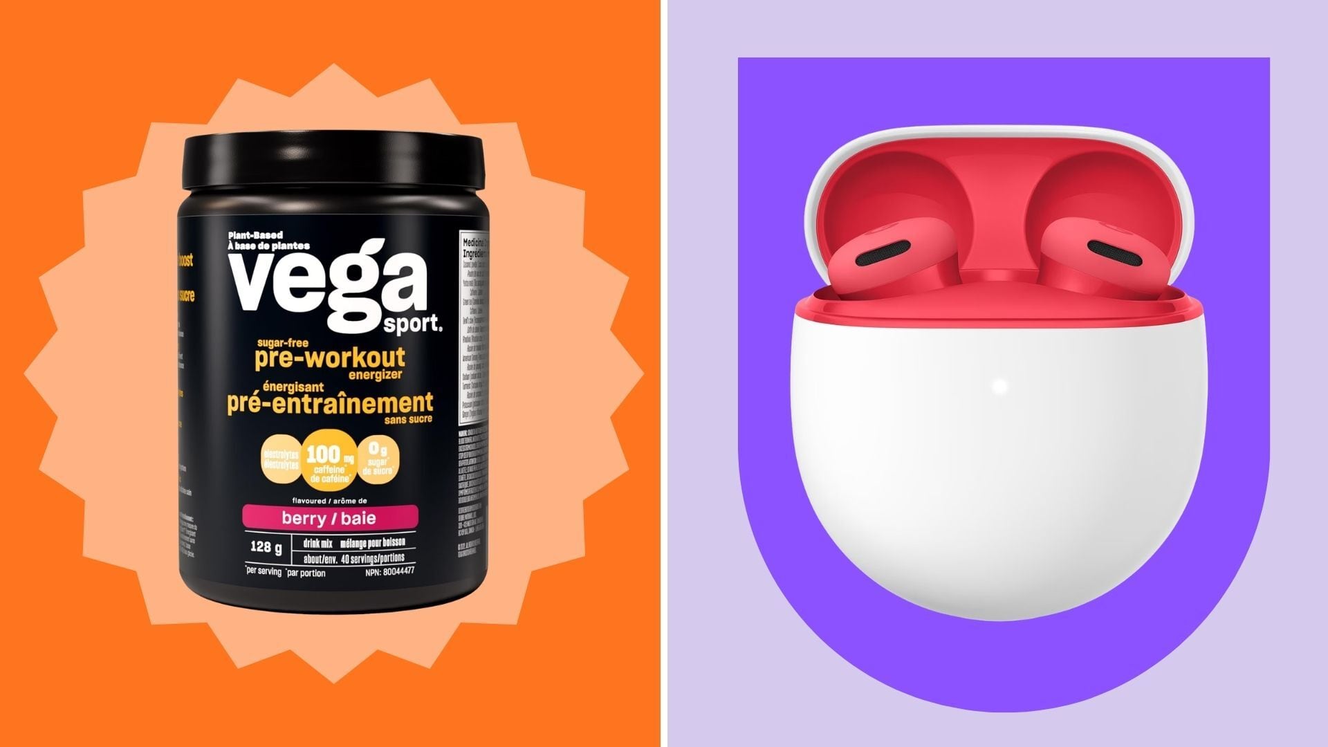 a container of protein powder and a pair of wireless earbuds with a bright and colourful background