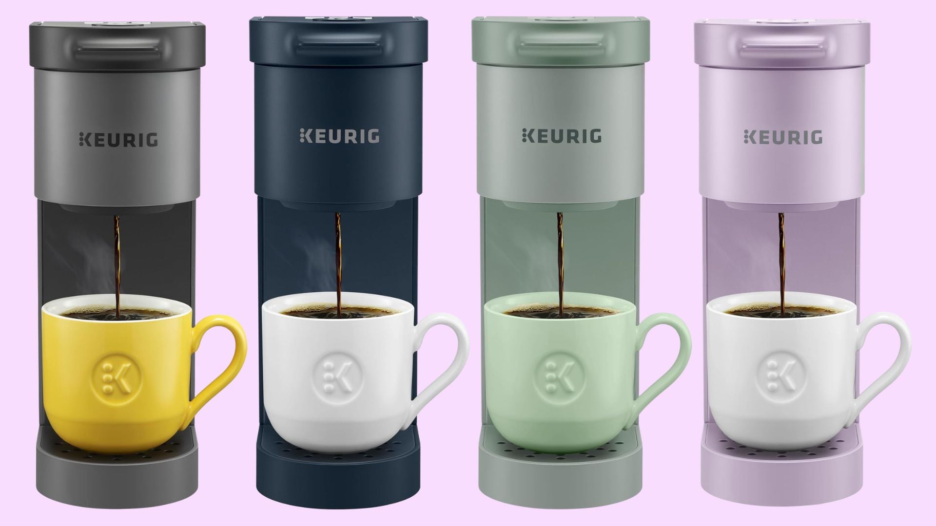 Four different Keurig K-Mini Go Machines in different colourways (Gray, Navy, Sage, Violet).
