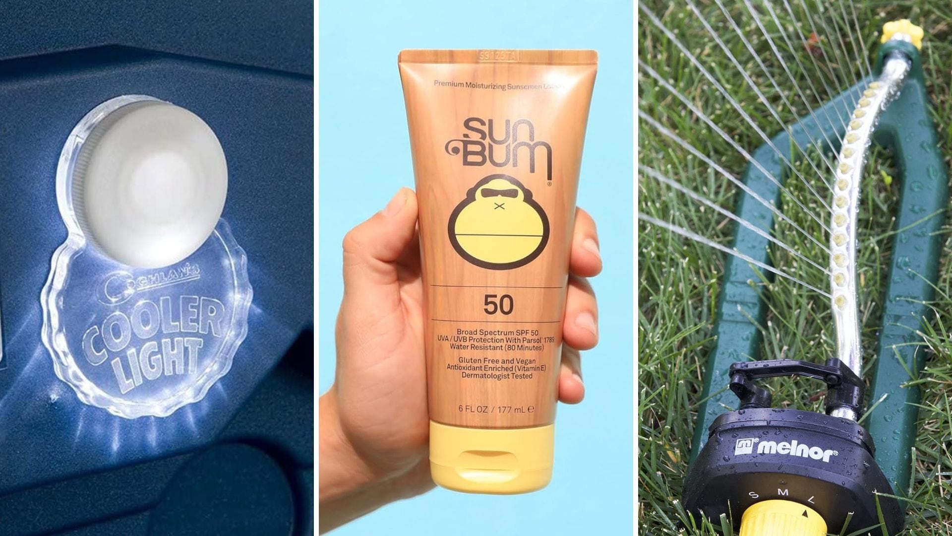 A cooler light, Sun Bum sunscreen, and a sprinkler.