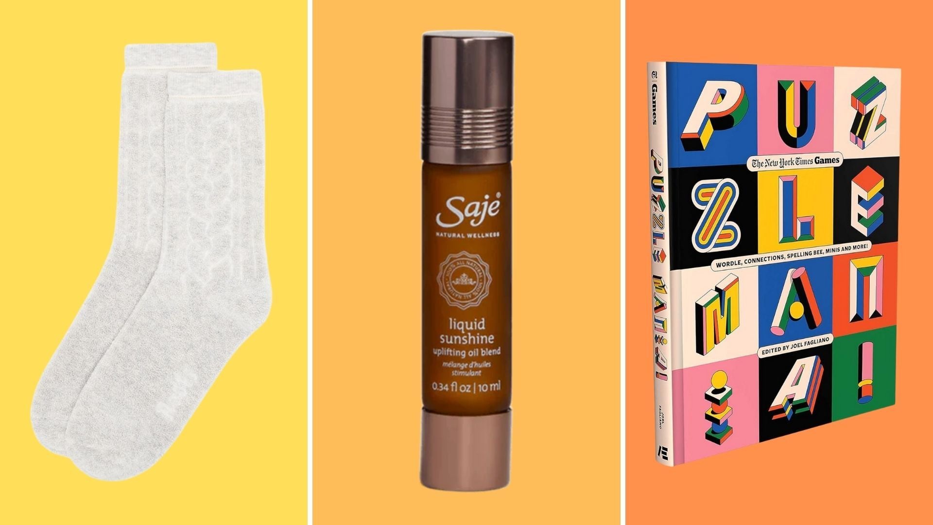 a split image of socks, an essential oil roll on, and a puzzle book