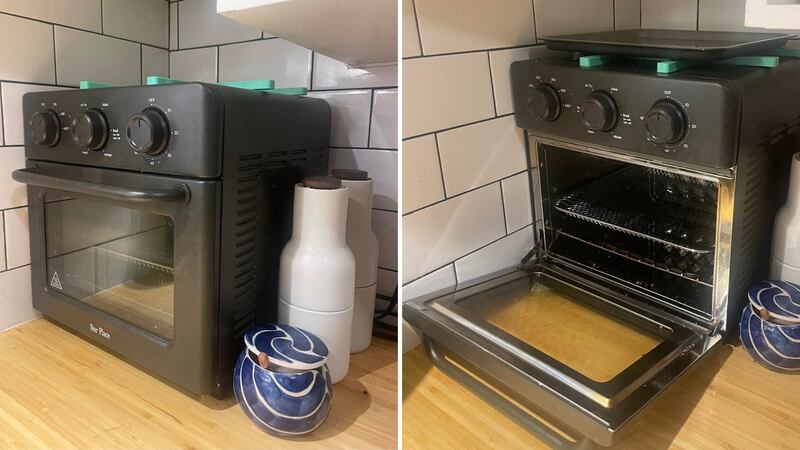 Two pictures of Alice's Our Place Wonder Oven in her kitchen. In one image, it is open, in the other, it is closed.