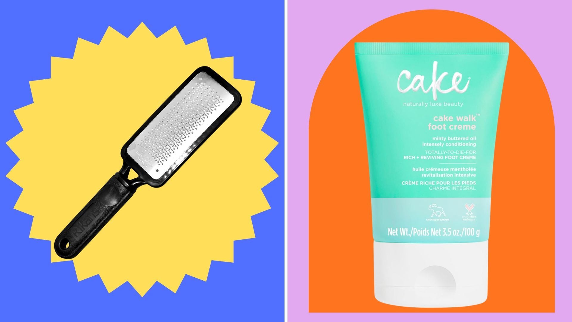 a foot rasp and a foot cream with a fun and colourful background