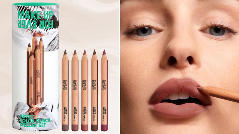 The set of MAKE UP FOR EVER lip liners next to their packaging, and a person applying one of the MAKE UP FOR EVER lip liners.