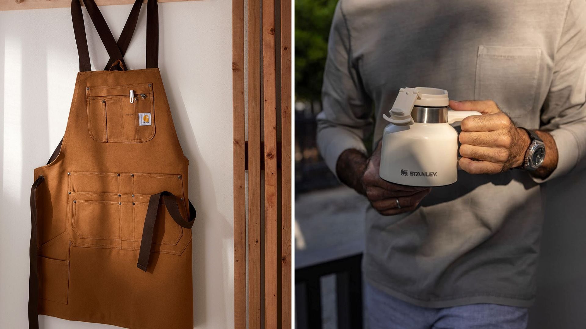 a split image of a Carhartt apron and a person holding a Stanley mug