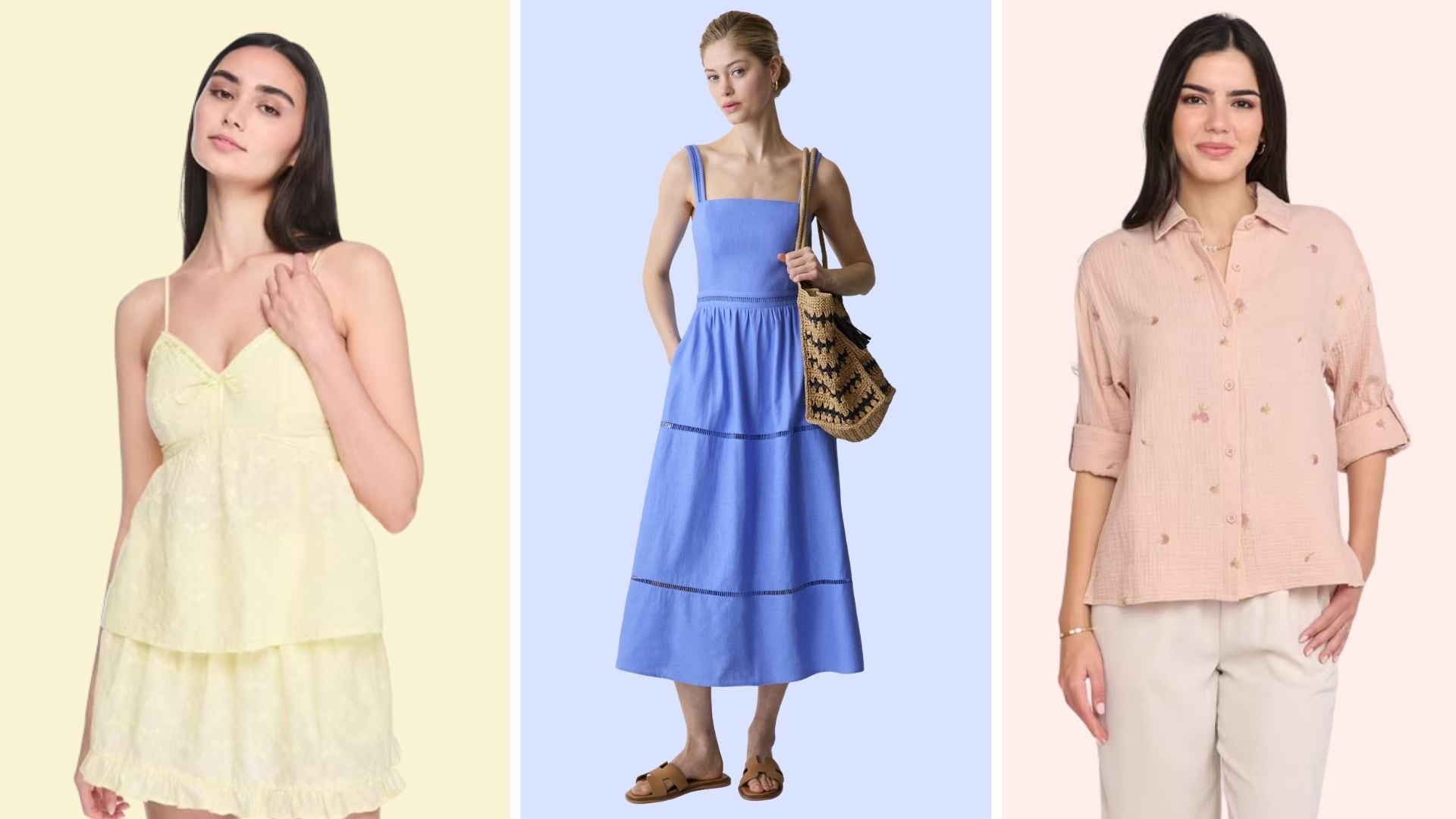 a split image of three models wearing summer clothes
