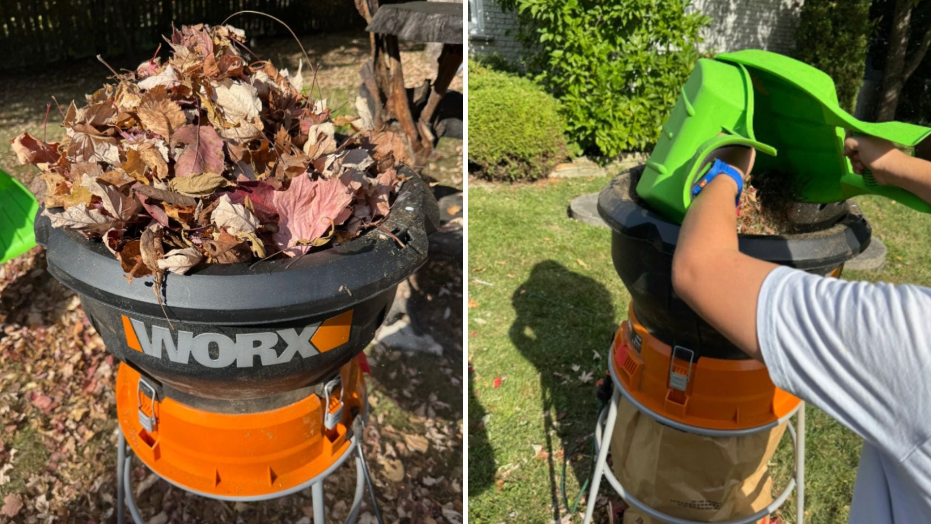 Split image of a pile of leaves in the WORX 13 Amp Electric Leaf Mulcher