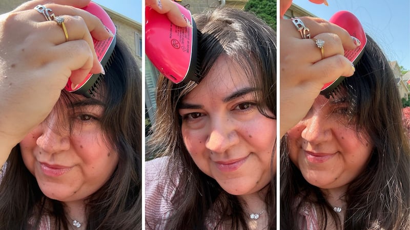 Three images of Bianca using the brush to style her bangs outside