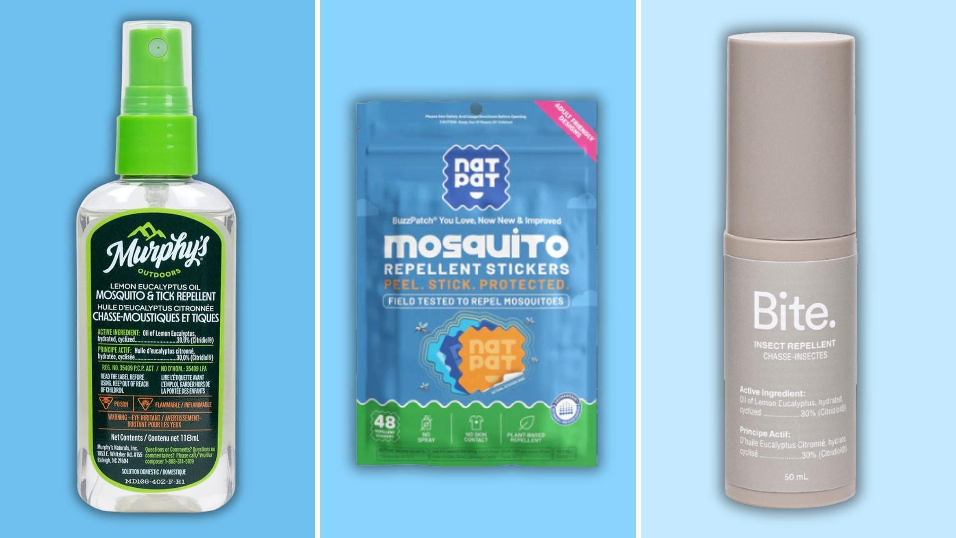 three bug sprays with a bright and colourful background