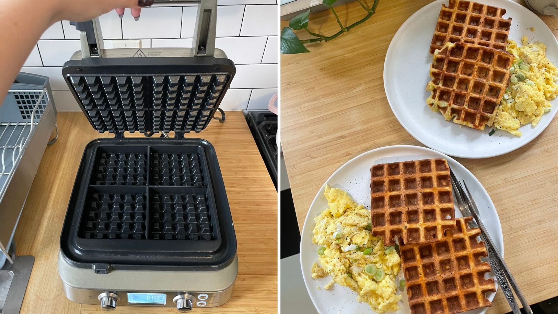 The open waffle maker and two plates of waffles.