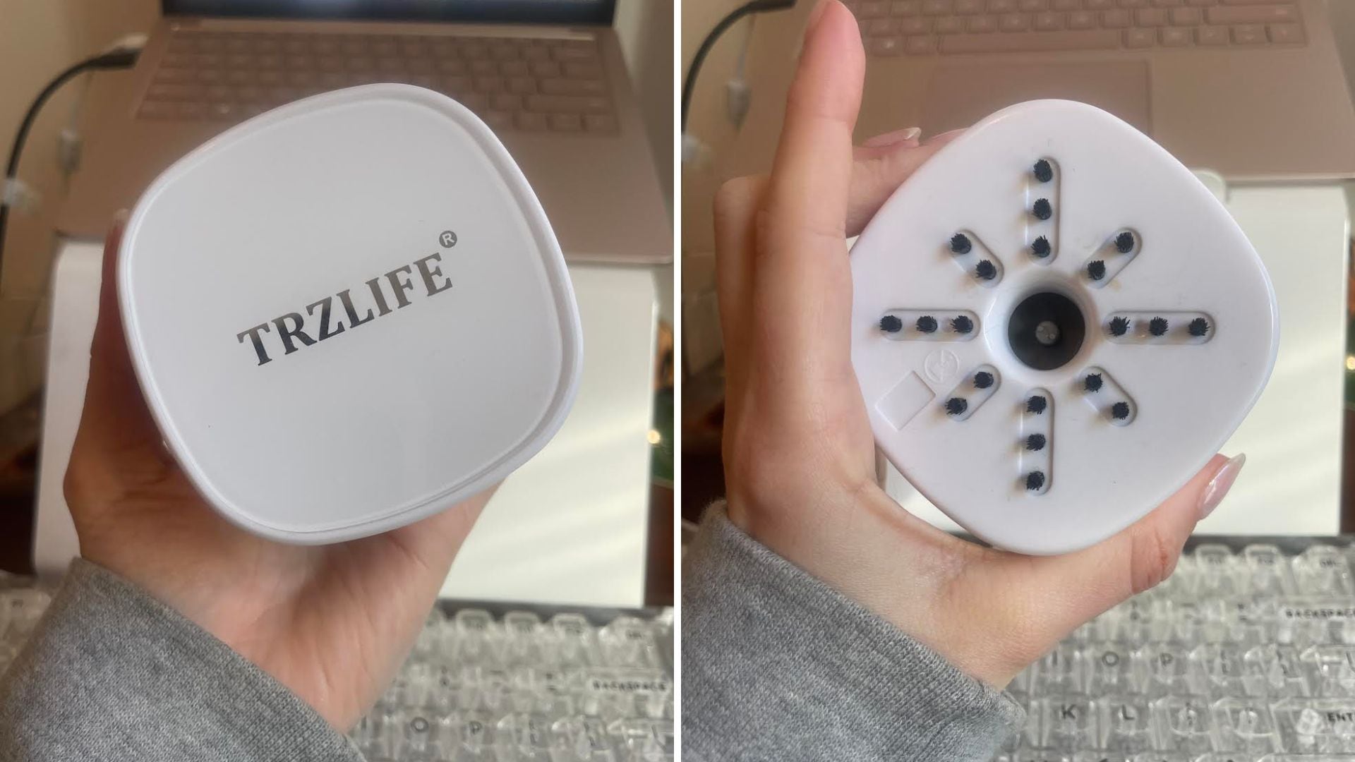 Alice holding the TRZ Desktop Vacuum.