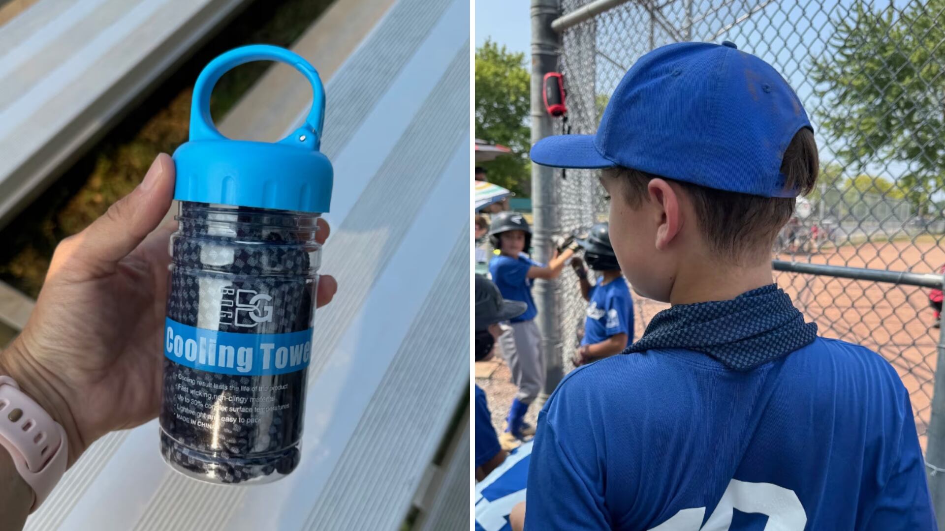 Split image of a bottle and a boy in baseball uniform wearing a cooling towel around his neck