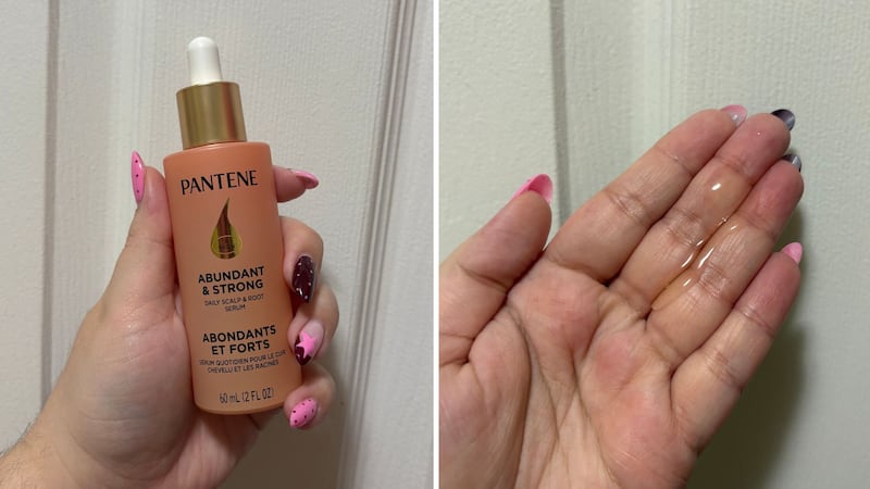 a split image of a bottle of serum in Bianca's hand, and a but of the serum in Bianca's palm.