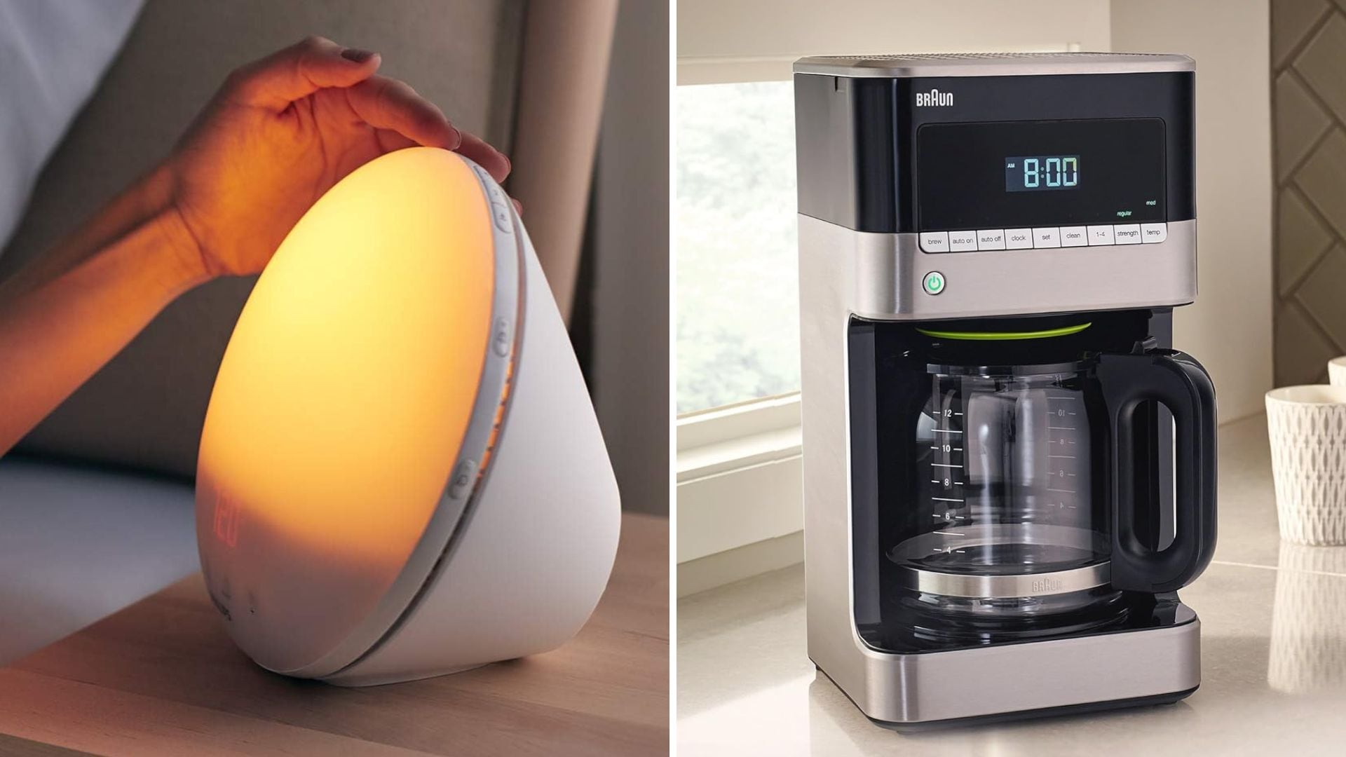 a split image of a person tapping a smart alarm clock and a coffee maker on a kitchen counter