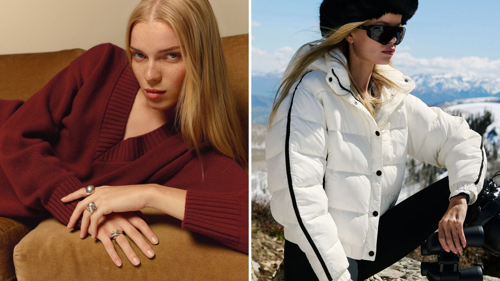 A person wearing a Reformation sweater and a person wearing an Alo puffer jacket.