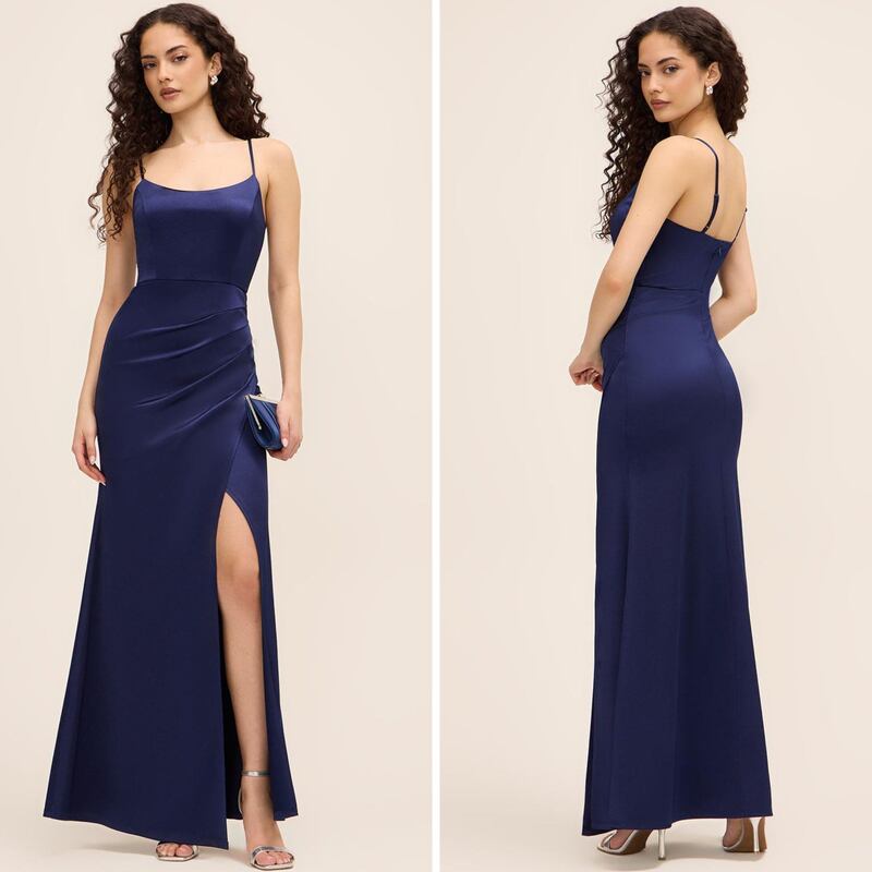 A person modelling a navy blue bridesmaid dress from Le Chateau
