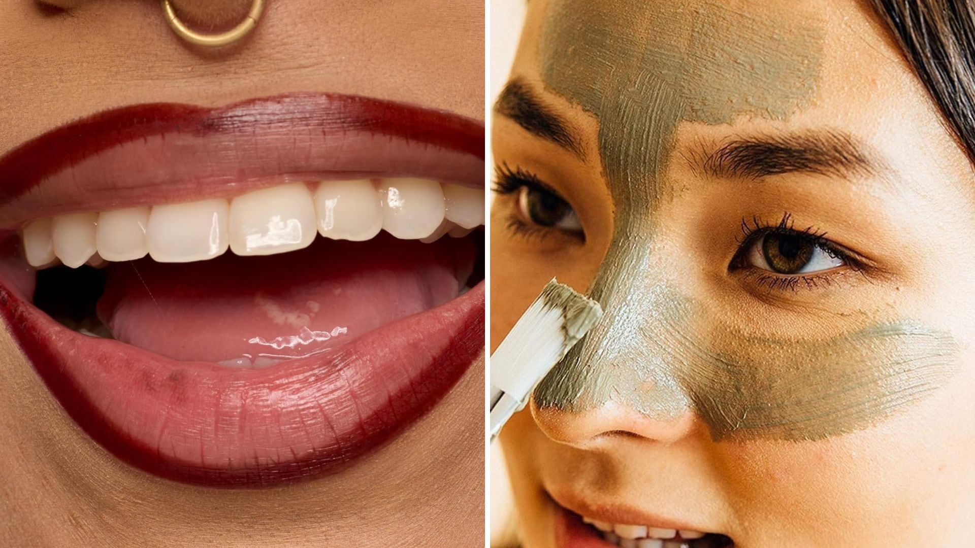 a split image of a lip liner stain and a person putting a mud mask on