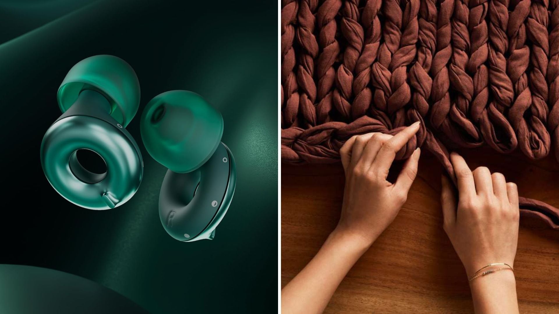 a split image of earplugs and a knit blanket
