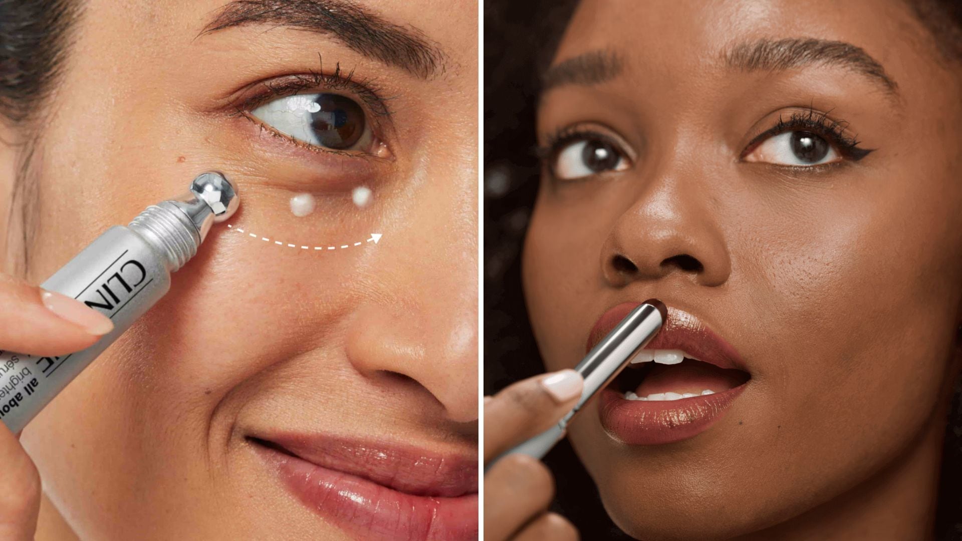 A person applying Clinique eye serum and a person applying Clinique lip balm.