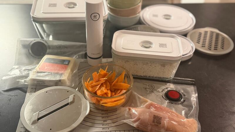 The vacuum sealer in use on Meg's kitchen counter.