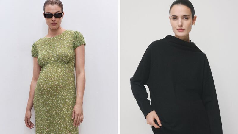 A person wearing a maternity dress and a person wearing a maternity sweater.
