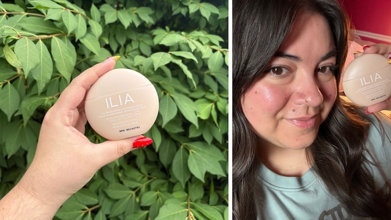 Bianca holding the sunscreen in front of a plant, and wearing it as a base under makeup on her face