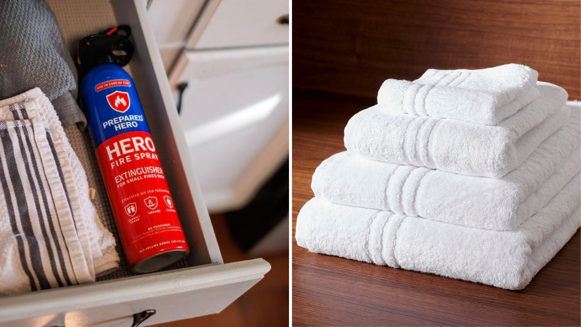 a split image of a fire extinguisher in a drawer and a stack of towels folded