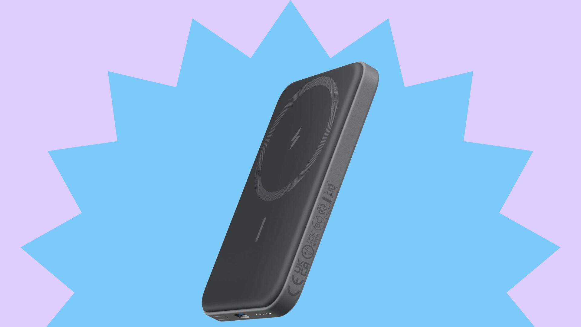 The Anker Portable Charge in a blue starburst on a purple background.