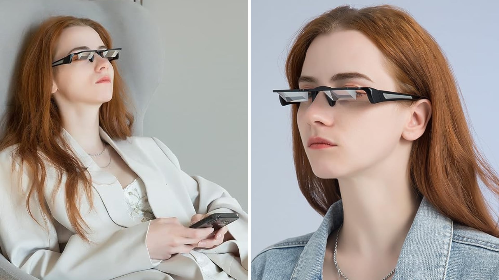 Split image of a model wearing lazy glasses