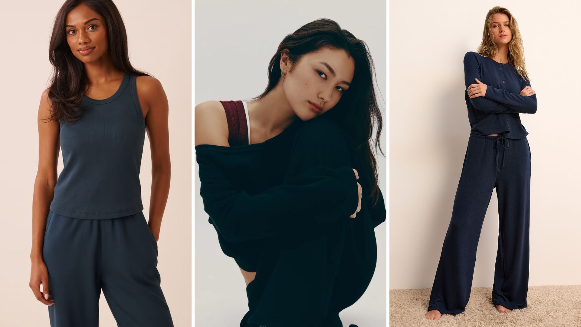 Three different loungewear outfits from La Vie en Rose, Kotn, and Simons.