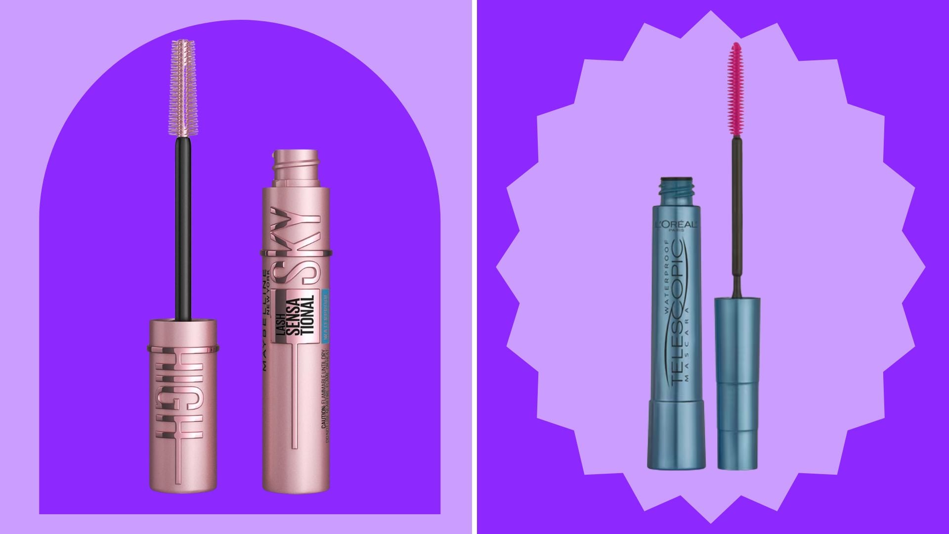 Maybelline and L'Oreal mascaras on a purple background.