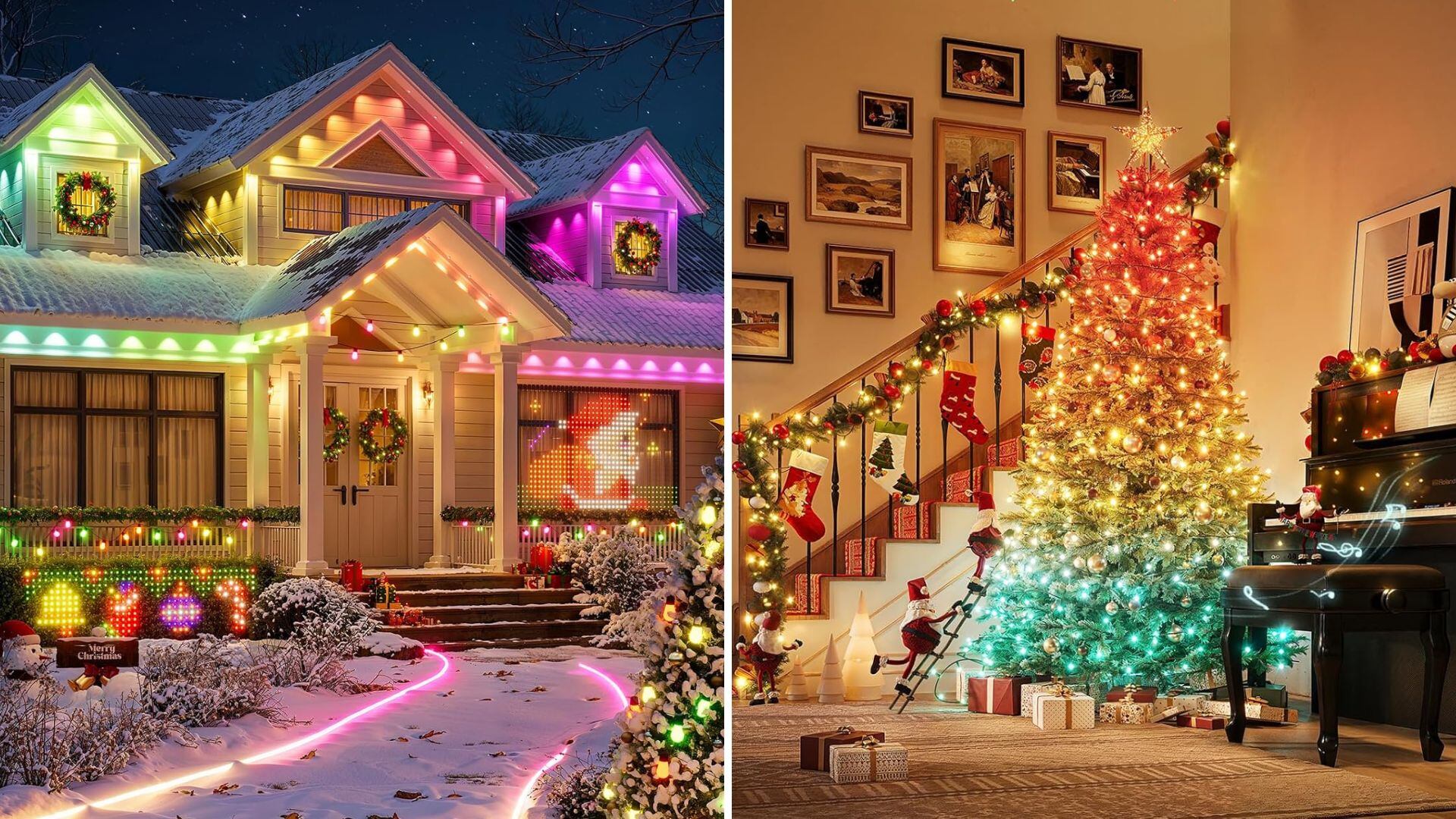 A house with Christmas lights on it and a tree with Christmas lights on it.