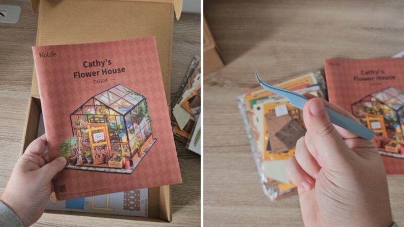Split images of Rolife DIY Miniature House manual and tool