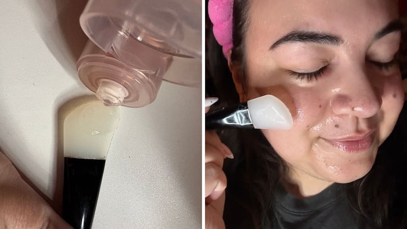Bianca squeezing the thick mask onto the silicone applicator (left), and applying it to her cheek (right).