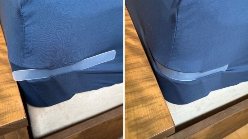 Split image of holder strip on bed sheet