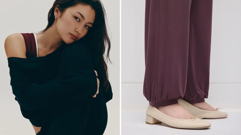 A person wearing a Kotn off-the-shoulder sweater and a person wearing balloon pants with flats.