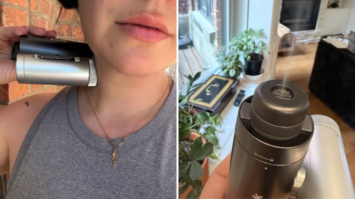 Marie-Pier testing the cooling plate on her neck and the mist option