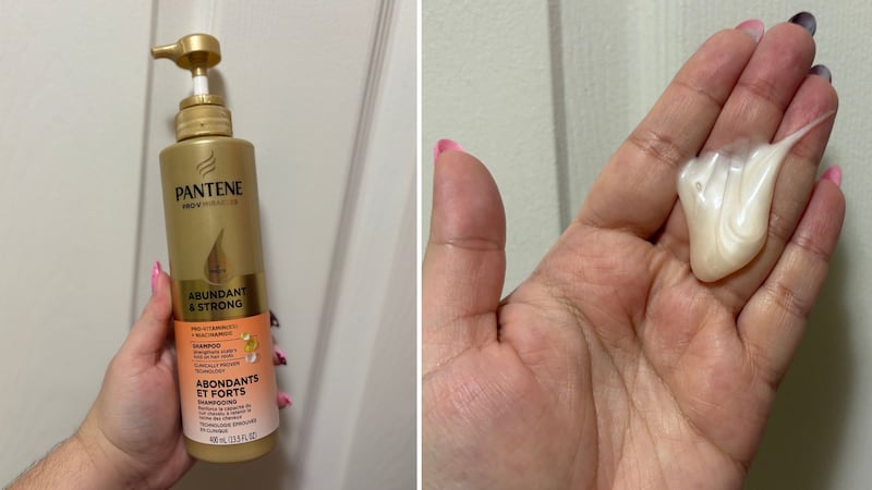 a split image of Bianca holding the bottle of shampoo and with some of the shampoo in her hand